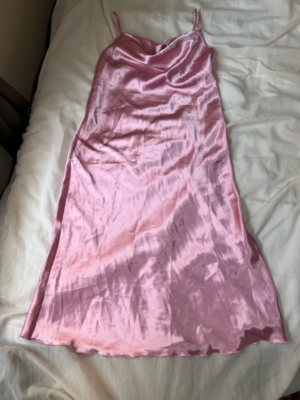 Vintage Bebe Womens L Satin Slip Dress Pink Drape Neck Lettuce Hem 1990s Y2K EUC